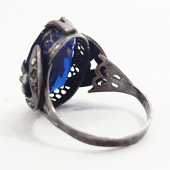 Antique Victorian Sapphire Blue Oversized Sterling Silver Cocktail Ring- Size 9 - Picture 5 of 8